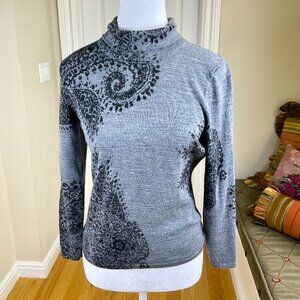 Y2K Sweater Cropped Turtleneck Merino Wool Gray with Black Paisley Belford (S)